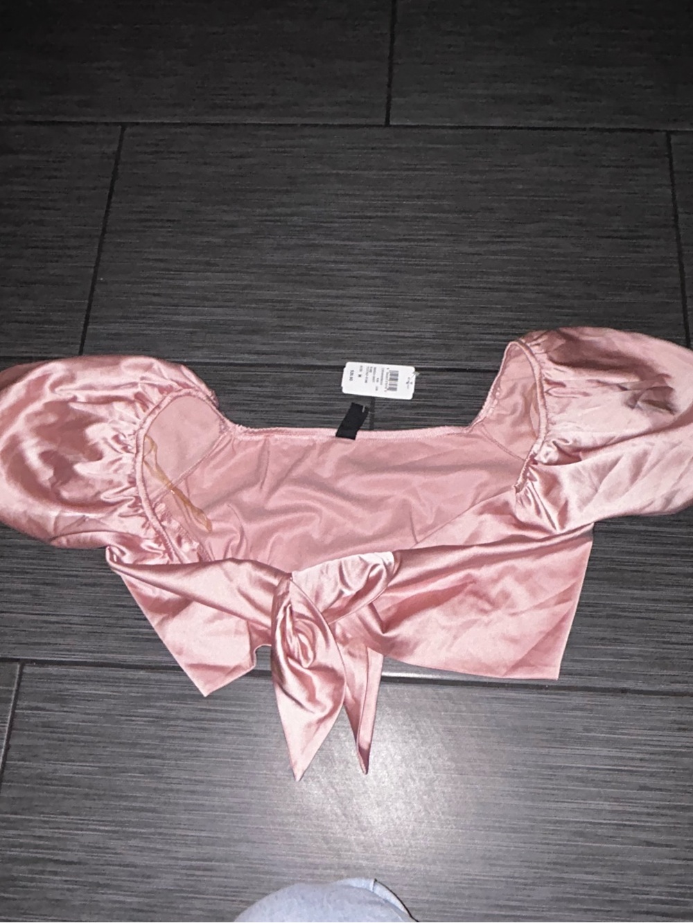 Satin Puff-Sleeve Tie-Front Crop Top - Rose